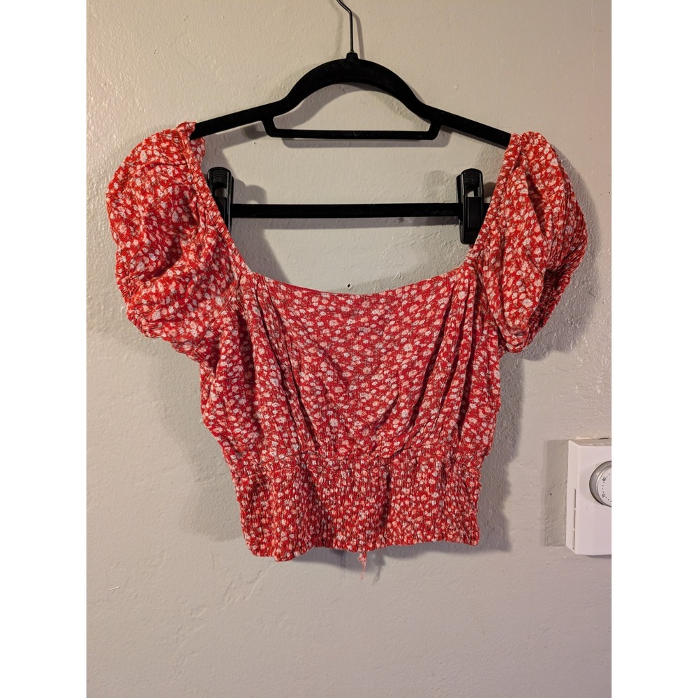 Cottagecore Red Ditsy Floral Smocked Crop Top Puff Sleeve Milkmaid Style sz XS